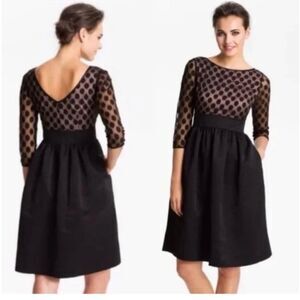 Eliza J Polka Dot Mesh Bodice Fit and Flare Dress Black